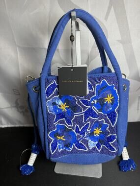 America & Beyond Blue Beaded Floral Mini Bucket Bag Crossbody NWT Tassels